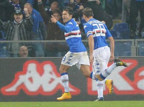 Eder festeggia per il 2-1, il Milan è ribaltato dai blucerchiati. Ansa